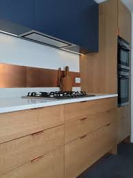Cooper Splashback With Blue Cabinets And Spray Lacquered Birch Ply Plywood Kitchen Kitchen Inspiration Design Barn Kitchen