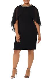 Xscape Chiffon Cape Sleeve Beaded Neckline Cocktail Dress Plus Size With Images Plus Size Cocktail Dresses Cocktail Dresses With Sleeves Fashion Clothes Women