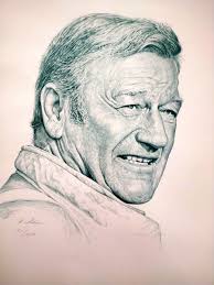 Vintage framed John Wayne fine art sketch print signed R. Adair no.  157/1000