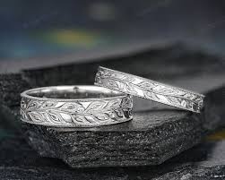 2pcs White Gold Leaf Couple Rings Set, Vintage Full Eternity Mens Ring Wedding Band, Art D
