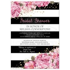 Black and white striped background with flowers. Bridal Shower Invitation Black Stripes Pink Flowers And Gold