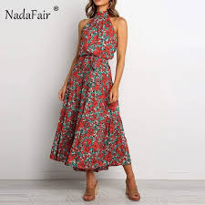 Nadafair Halter Print Floral Boho Summer Dress Off Shoulder Sashes A Line Midi Dresses Red Loose Beach Holiday Dress Women Halter Neck Maxi Dress Fashion Boho Summer Dresses