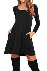 Black 3 4 Sleeve Dress With Pockets Viishow Womens Round Neck 3 4 Sleeves A Line Casual Tshirt Dress With Pocket Swing Shirt Dress Swing Dress With Pockets Sleeved Swing Dress