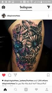 Black And White Sugar Skull Thigh Tattoo Floral Butterfly Galexy Skull Skull Thigh Tattoos Sunflower Tattoo Thigh Sunflower Tattoo Sleeve