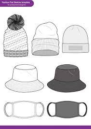 Bucket Hat Beanie Mask Set Fashion Flat Technical Drawing Vector Template Vector Art Illustration Desenhos De Roupas Design De Roupas Desenhos De Moda