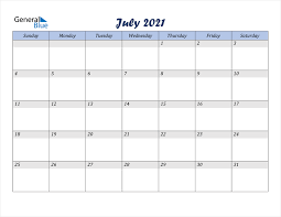 Days aligned horizontally (days of the week in the same row) for easy week overview; July 2021 Calendar Pdf Word Excel