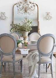 Lovely pink and gray french style dining room is clad in pink and gray wallpaper lined with white chair rail separating a white lower wall. 37 Charming French Country Dining Rooms