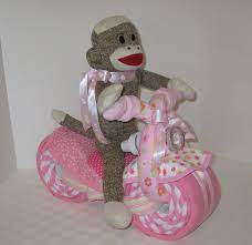 Sock Monkey Motorcycle Bike Diaper Cake Baby Shower Gift Centerpiece Baby Cake Baby Girl Gift Baby Girl Diaper Cake New Baby Products Baby Shower Gifts