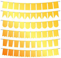 Yellow flags and bunting garlands for decoration. Decor ...