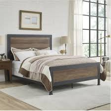 Queen Size Industrial Wood Metal Bed In Rustic Oak Walker Edison Bqawro In 2020 Industrial Bed Frame Furniture Industrial Bed