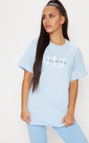Prettylittlething Light Blue Oversized Slogan T Shirt Fashion T Shirt World Oversized Shirt