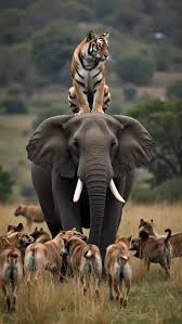 A tiger perched atop an elephant ...