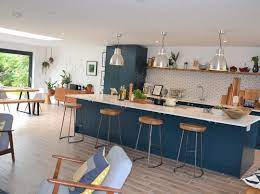 Open Plan Kitchen Living Dining Room Industrial Vibe With Blue Kitchen And S Open Plan Kitchen Dining Living Open Plan Kitchen Living Room Living Room Kitchen