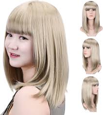 SYXLCYGG Bob Wig,Blonde Short Wigs Flame Retardant 14" Straight Silky  Fluffy Womens Hair Wigs Synthetic Black Wig With Bangs Girl Cosplay  Colorful Party White Women Daily Much Colors (Free Wig Cap): Buy
