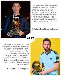 Последние твиты от france football (@francefootball). Espn Fc Cristiano Ronaldo And Leo Messi React To Being Included In France Football S All Time Ballon D Or Dream Team Facebook