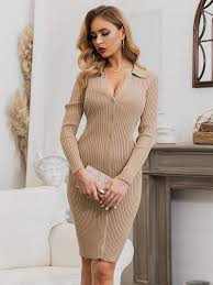 Receive your order with free shipping. Glamaker Women S Elegant Lapel Collar V Neck Long Sleeve Bodycon Button Down Ribbed Knitted Midi Dress At Amazon Women S Clothing Store