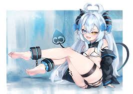 krow (elkrow2), akugaki koa, idol corp, third-party edit, 1girl, :d, ahoge,  ankle cuffs, ass, bare shoulders, barefoot, bikini, black bikini, black  horns, black jacket, black nails, blue bow, blue eyes, blue hair,