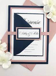 Navy Blue And Dusty Rose Pink Wedding Invites Wedding Invitation Set In Dark Blue And Blush Pink Mauve Full Bundle With Elegant Belly Band Pink Wedding Invitations Navy Wedding Invitations Blue