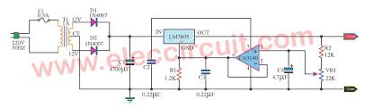 Variable Regulated Power Supply Using 7805 And Op Amp Eleccircuit Com Power Supply Power Regulators