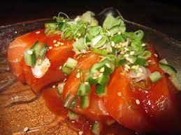 Spicy Salmon Sashimi Sauce Gochujang Sesame Oil Sugar Water Rice Vinegar Green Onion Cucumbers Roaste Sushi Dinner Spicy Salmon Salmon Sashimi