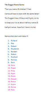 The Duggar Name Game Can You Name 19 Children Their Names All Have To Start With The Same Letter The Duggars Have 10 Boys And 9 G Boy Names Names Lettering