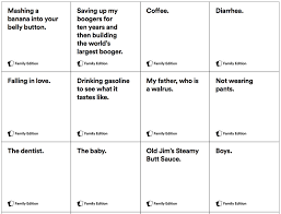 Then everyone else picks one of the white cards from their hand to submit the funniest (and most inappropriate) answer. Print And Play The New Cards Against Humanity Family Edition For Free