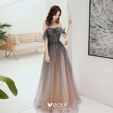 Elegant Grey Gradient Color Brown Evening Dresses 2020 A Line Princess Spaghetti Straps Short Sleeve Beading Sequins Glitter Tulle Floor Length Long Ruffle Brown Evening Dresses Backless Dress Formal Evening Dresses