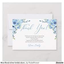 Blue Floral Silver Bridal Shower Thank You Card Zazzle Com In 2021 Bridal Shower Cards Bridal Shower Printables Bridal Shower