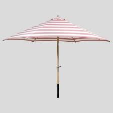 9 Round Cabana Stripe Patio Umbrella Duraseason Fabric Red Light Wood Pole Threshold Patio Umbrella Patio Umbrella Lights Umbrella Lights