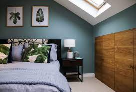 White slanted wall, and the rest dark grey. Farrow Ball Oval Room Blue Palm Leaves Calming Loft Bedroom Attic Bedroom Decor Oval Room Blue Bedroom Design