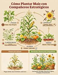 Cómo plantar maíz con compañeros estratégicos que maximizan cosecha y previenen plagas. Sistema de milpa moderna optimizada. Sistema de 5 compañeros para maíz productivo: 1. Frijoles trepadores (posición: base del maíz) Beneficio: