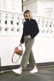 Emma Hill Style Spring Uniform House Of Fraser Navy Blue Jumper Khaki Cropped Wide Leg Jeans Tro Blue Trousers Outfit Trouser Outfits Wide Leg Jeans Outfit