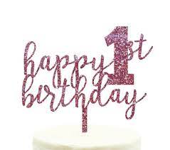 Birthday cakes are often layer cakes with frosting served with small lit candles on top representing the celebrant's age. Happy 1st Birthday Glitter Acrylic Cake Toppers