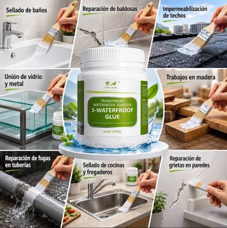 Este producto es un Adhesivo Impermeable (Waterproof Adhesive) diseñado  para ofrecer alta resistencia y durabilidad. Según la información de la  tabla, sus características principales son:Descripción: Sellador  impermeabilizante transparente multiuso.