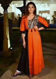 Combination Of Orange Black Cotton Silk Long Kurti With Batik Work In Front Designer Kurti Patterns Black Cotton Black Kurti