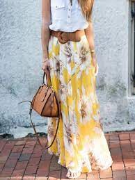 Hauteur du mannequin 1,67 m; Jupe Longue En Mousseline Imprime A Fleurie Fluide Elegant Femme Jaune Jupes Bas