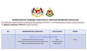 Jabatan imigresen malaysia) is a department of the malaysian federal government that provides services to malaysian citizens, permanent residents and foreign visitors. Permohonan Terbuka Jawatan Di Jabatan Imigresen Malaysia Appjawatan Malaysia