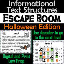Study the nonfiction text structures of cause and effect, compare and contrast, description, problem and solution, and sequence using these engaging short reading passages, questions, and graphic organizers. Informational Text Structures Escape Room Halloween Reading Passages