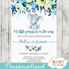 25 elephant greenery baby shower invitations, sprinkle invite for boy or girl, coed safari jungle gender neutral reveal theme, little peanut fill or write in. Elephant Baby Shower Invitations Boy Floral Teal Blue D432 Baby Printables