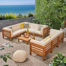 Oana 9pc Acacia Wood Sectional Sofa Set Teak Beige Christopher Knight Home In 2020 Backyard Furniture Wood Patio Furniture Teak Patio Furniture