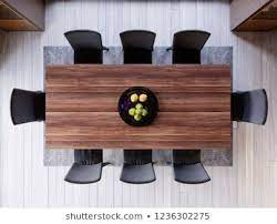 Top View Over Dining Table In Dining Room Ceramic Dish Decoration On Wood And Wooden Tab Dining Room Table Marble Living Room Top View Table Decor Living Room
