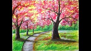 Cherry Blossom Tree Painting With Oil Pastel Cherry Blossom Tree Paintin Oil Pastel Landscape Pastel Landscape Oil Pastel Drawings Easy