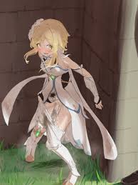 shitomiya, lumine (genshin impact), genshin impact, highres, textless  version, 1girl, bare shoulders, black gloves, blonde hair, blush, boots,  breasts, brick wall, brown boots, cleft of venus, clothes pull, day,  detached sleeves, dress,