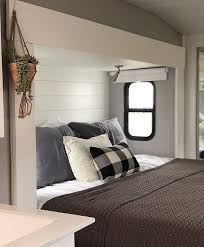Soft tones of cream, butter or ivory are good choices, as are whites with a touch of grey, green, blue or even pink. Fifth Wheel Bedroom Renovation Camper Rv Remodel Shiplap Camperrenovation Camper Decor Rv Bedroom Rv Bedroom Ideas