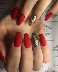 Matte Black And Red Glitter Nails Christmas Red Gold Glitter Accent Matte In 2020 Red Nails Red And Gold Nails Prom Nails Red