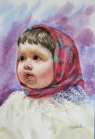 Watercolor painting of young girl in monochrome