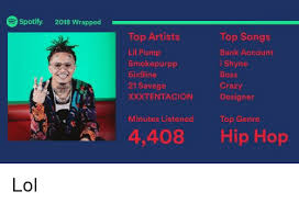 Check spelling or type a new query. Spotify 2018 Wrapped Top Artists Lil Pump Smokepurpp 6ix9ine 21 Savage Xxxtentacion Top Songs Bank Account Shyne Boss Crazy Designer Minutes Listened Top Genre 4408 Hip Hop Crazy Meme On Me Me