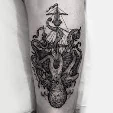 #kraken tattoo #tattoo #etching tattoo. Three Eyed Kraken Attacking Ship Thanks Sheldon Tattoo Etching Fineline Blackwork Dotwork Blackandg Kraken Tattoo Octopus Tattoo Sleeve Monster Tattoo