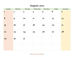 Portrait (vertical) with ample writing space for notes and events next to each day; August 2021 Free Calendar Tempplate Free Calendar Template Com
