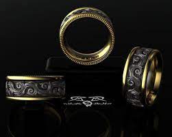 Intricate 14kt European Yellow Gold Black Silver Wedding Band Etsy Silver Wedding Bands Black Silver Wedding Rings For Men